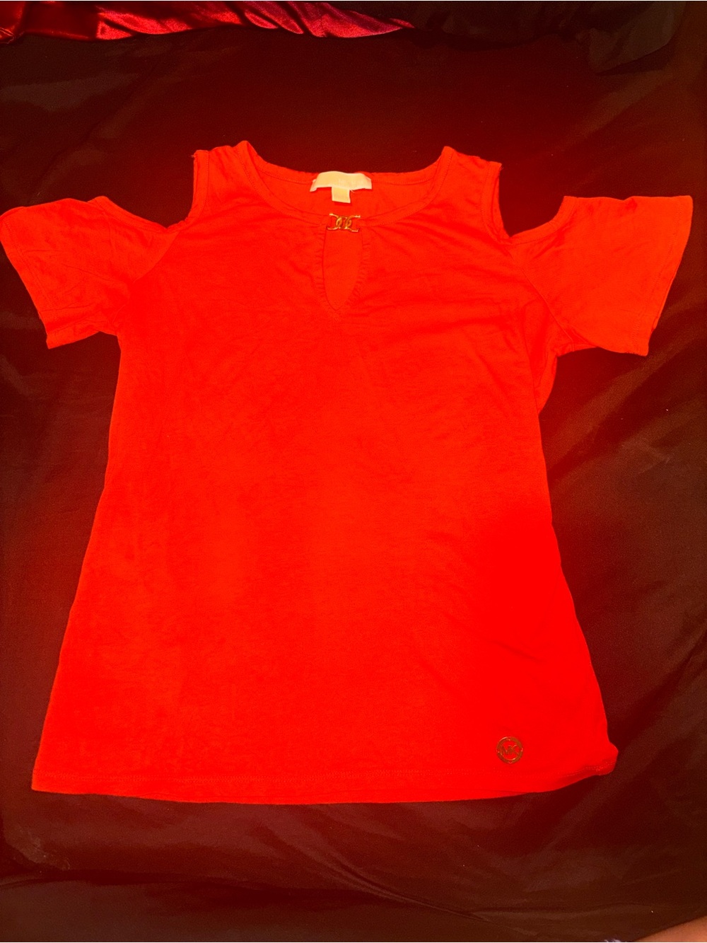 Michael Kors Red Cold-Shoulder Short Sleeve Tee with Keyhole